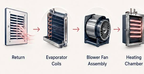 Air pathway from the return through evaporator coils, blower fan assembly and heating chamber