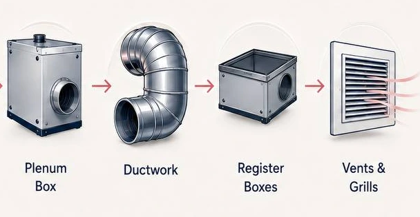 Air pathway from the plenum box through ductwork, register boxes, vents and grilles