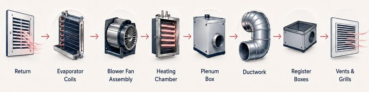 The complete air pathway from the return through evaporator coils, blower fan assembly, heating chamber, plenum box, ductwork, register boxes, vents and grilles